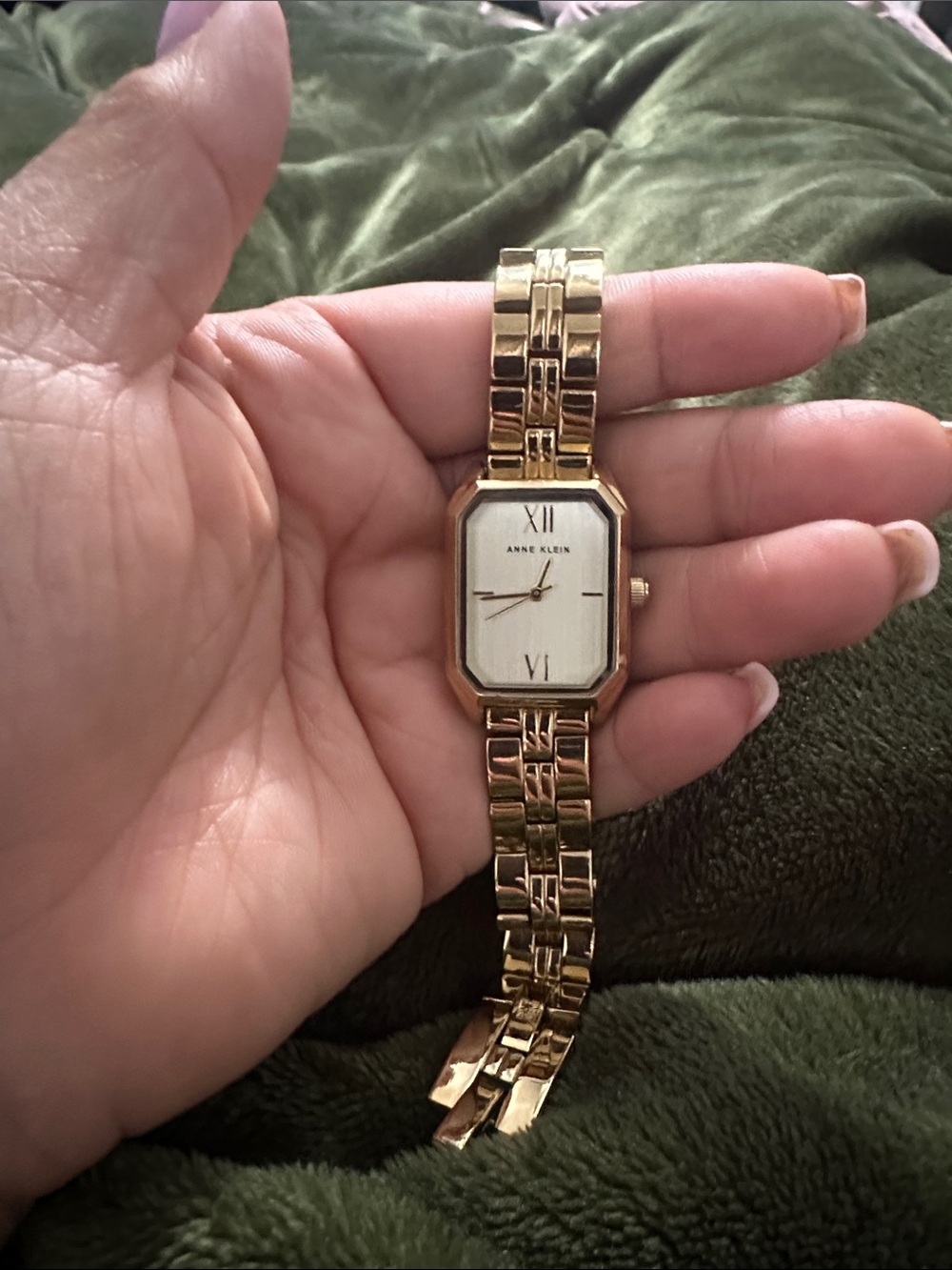 Anne Klein Gold Tone Rectangular Bracelet Watch with White Dial